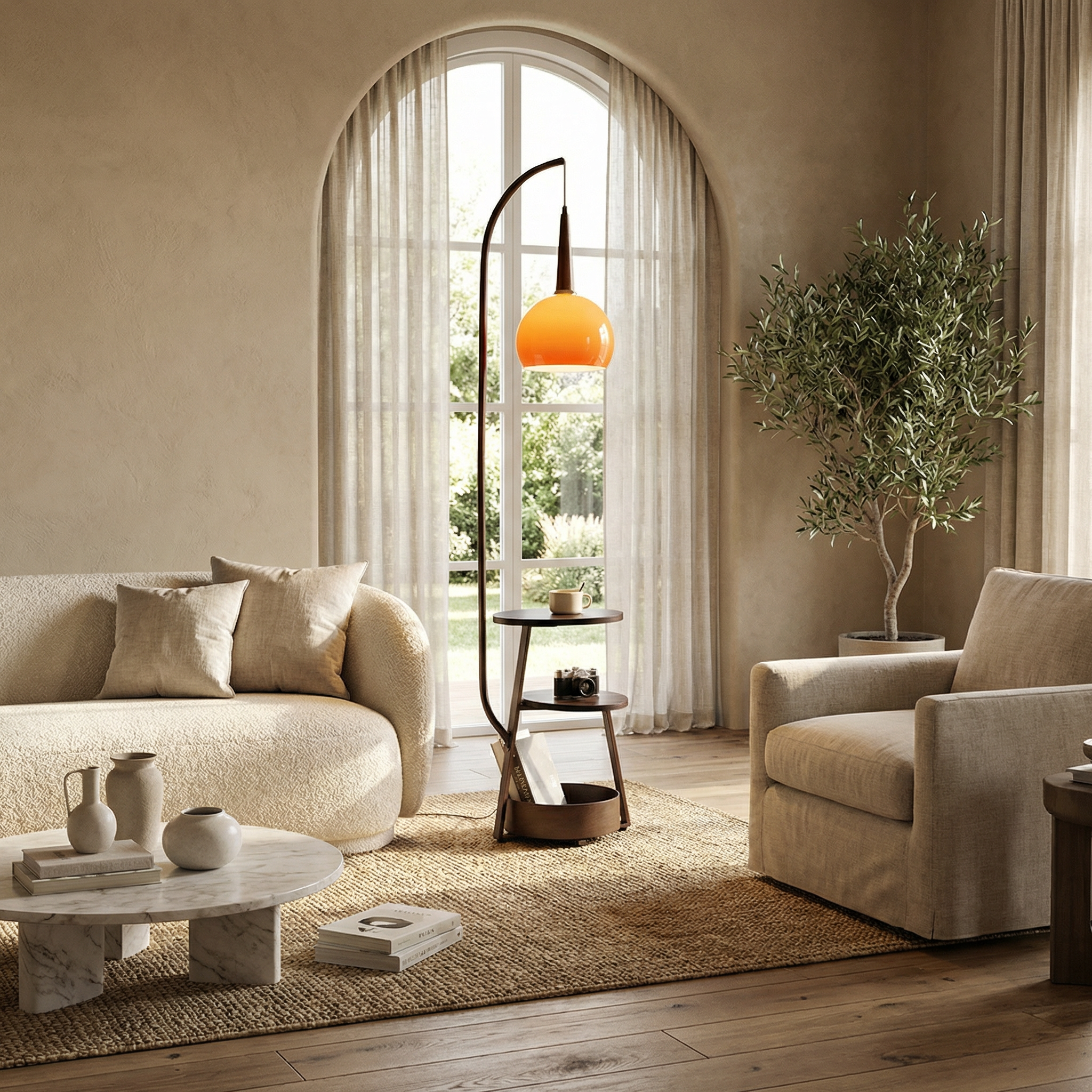 Round Shade Wood Base And Opal Glass Floor Lamp