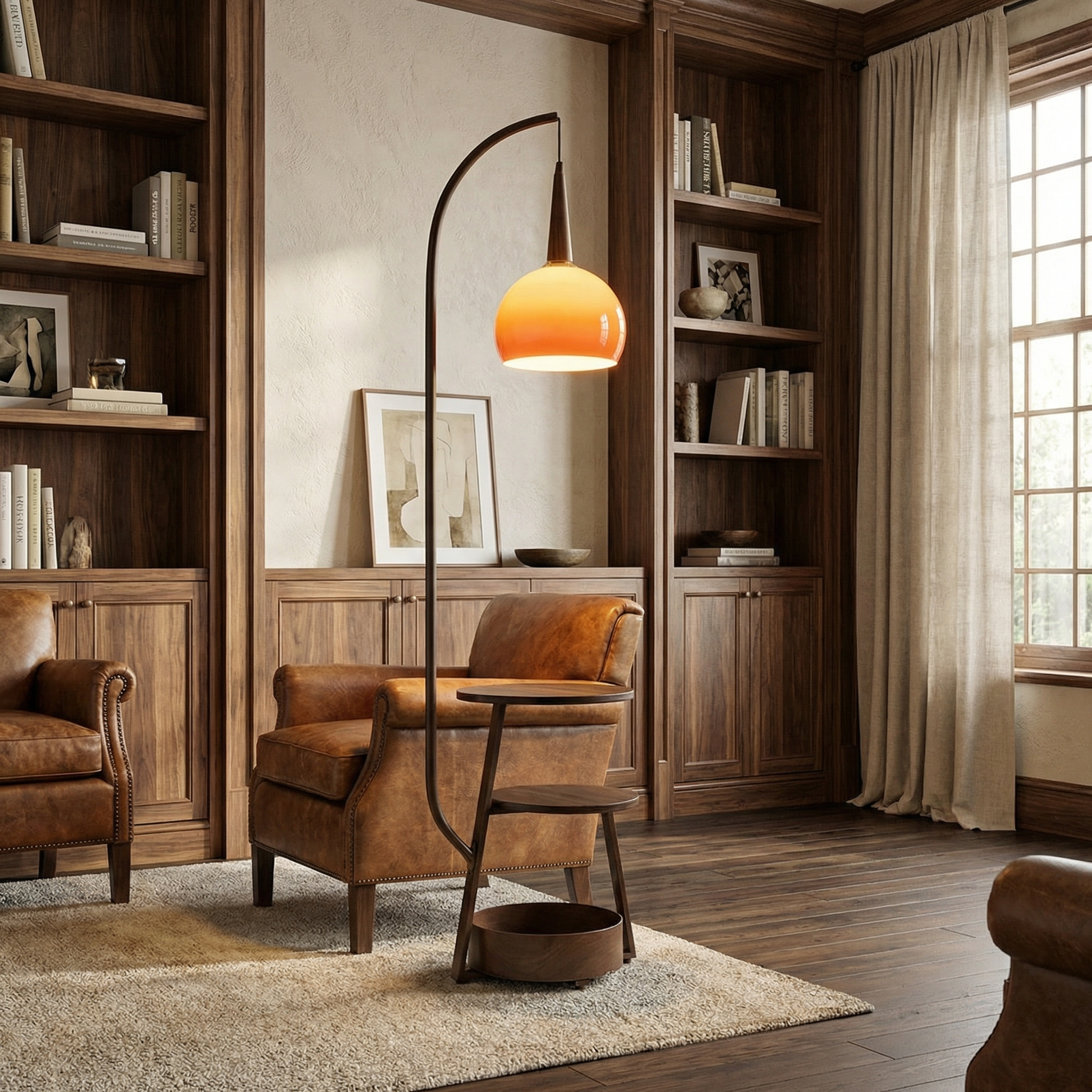 Round Shade Wood Base And Opal Glass Floor Lamp
