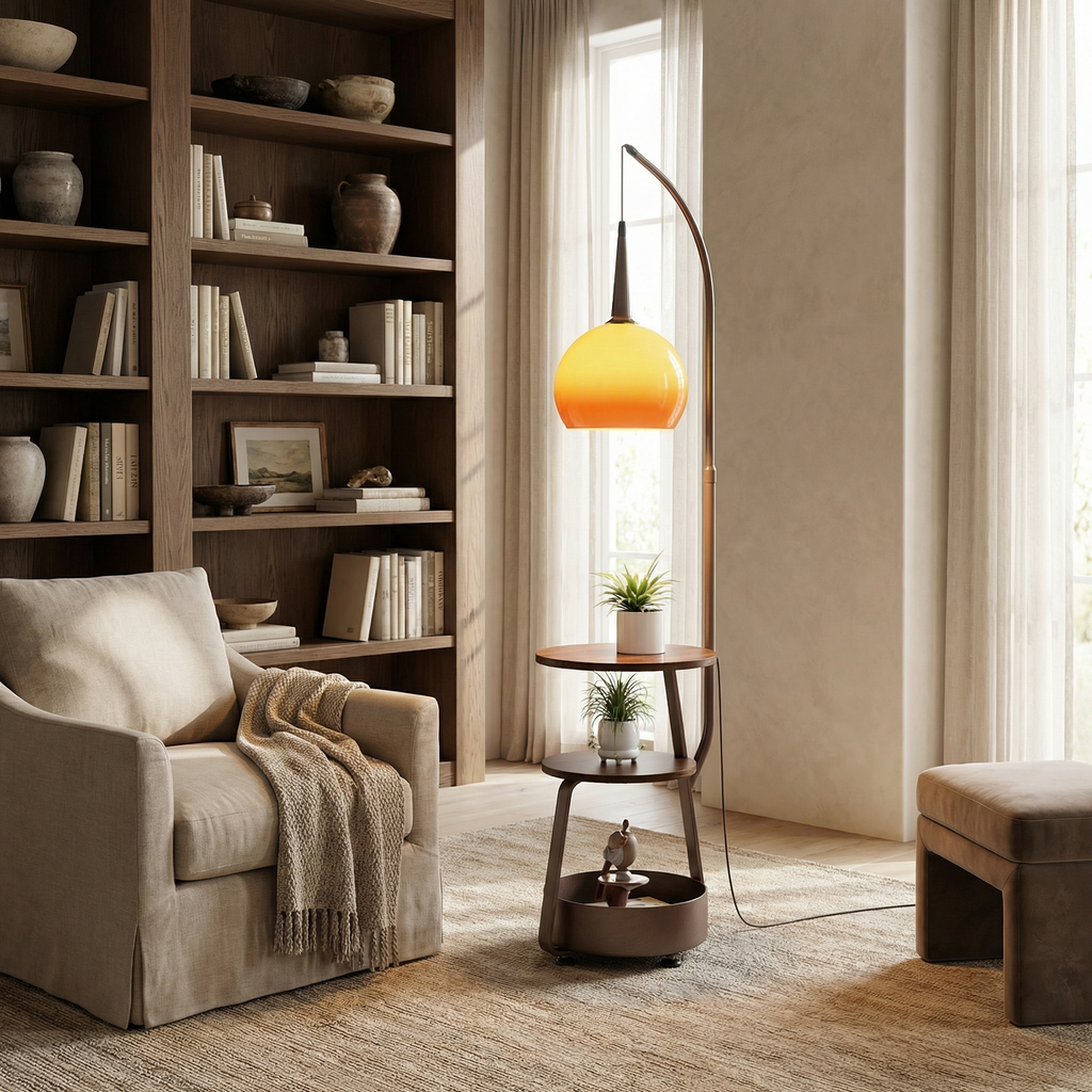 Round Shade Wood Base And Opal Glass Floor Lamp