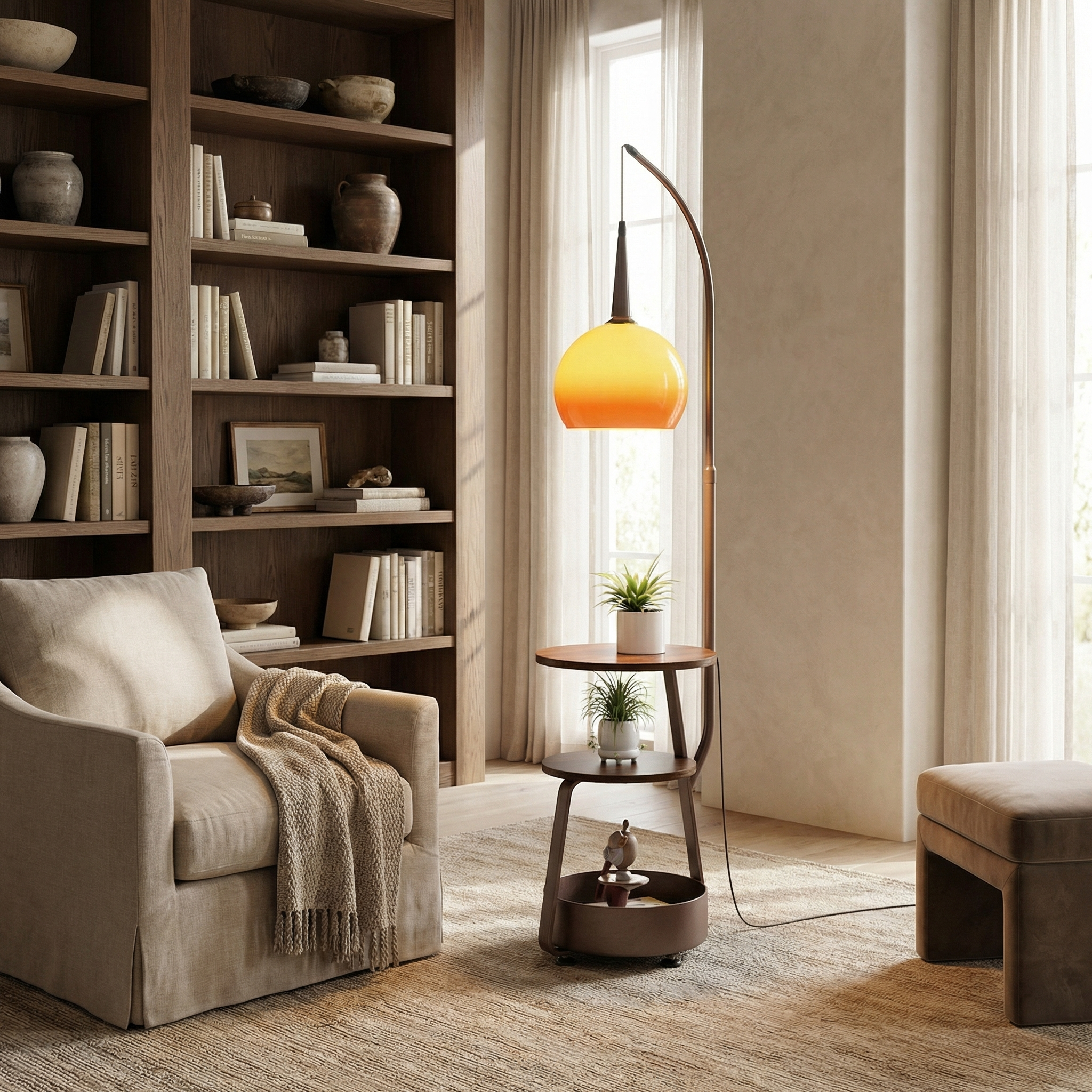Round Shade Wood Base And Opal Glass Floor Lamp
