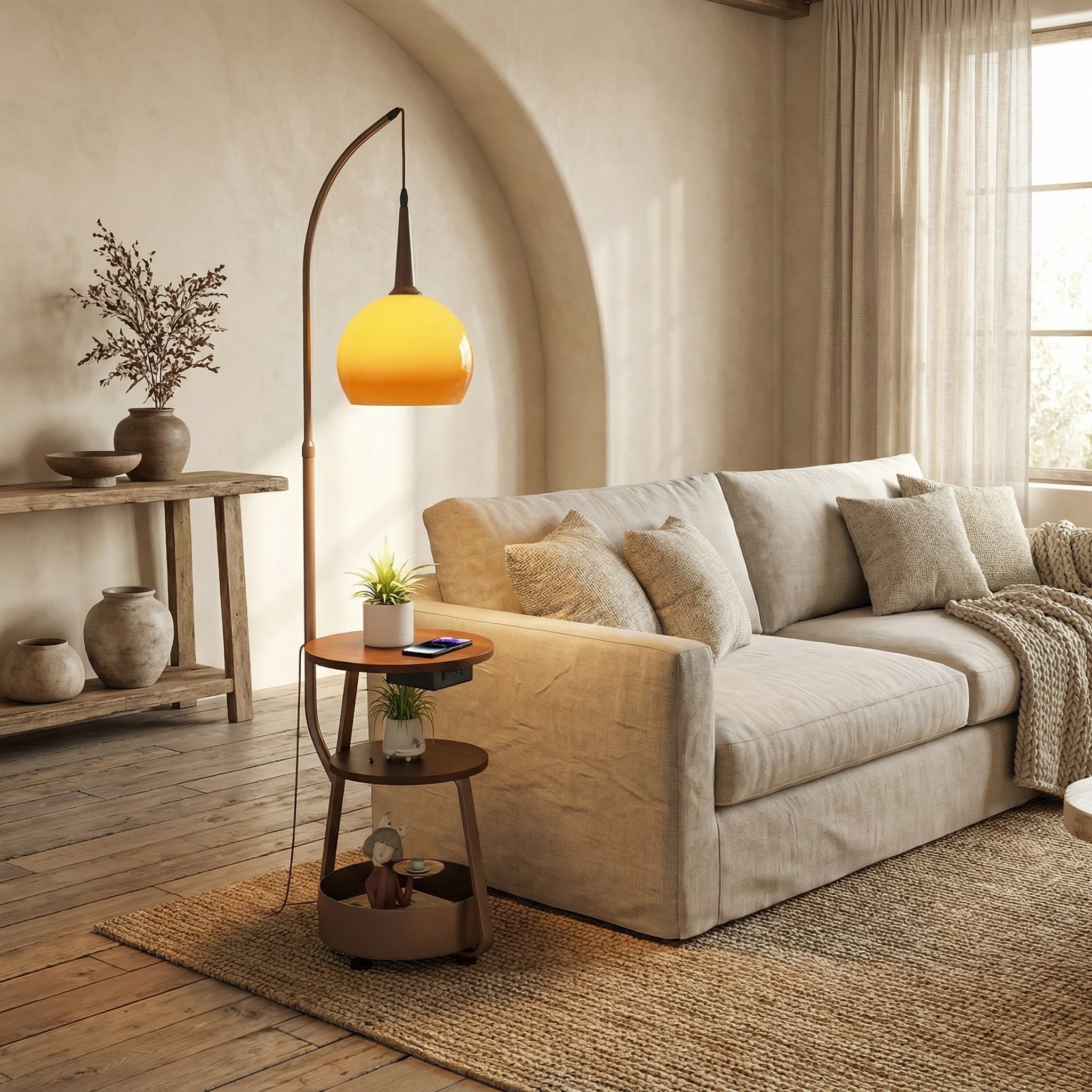 Round Shade Wood Base And Opal Glass Floor Lamp