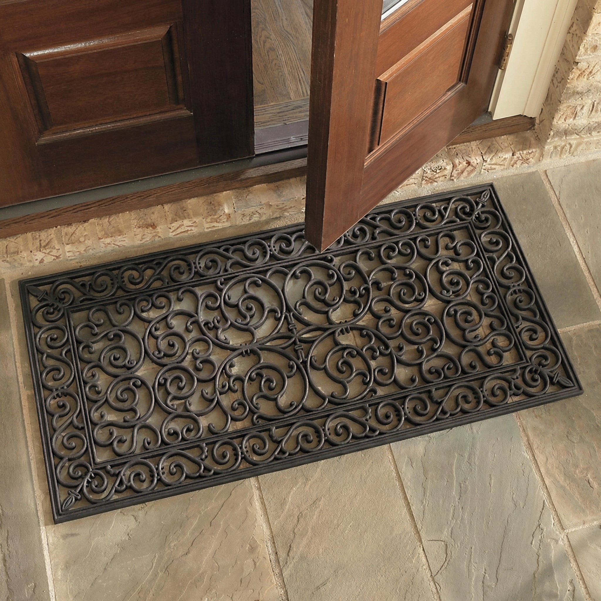 Outdoor Rug Scrollwork Double Door Mat, Durable Rubber