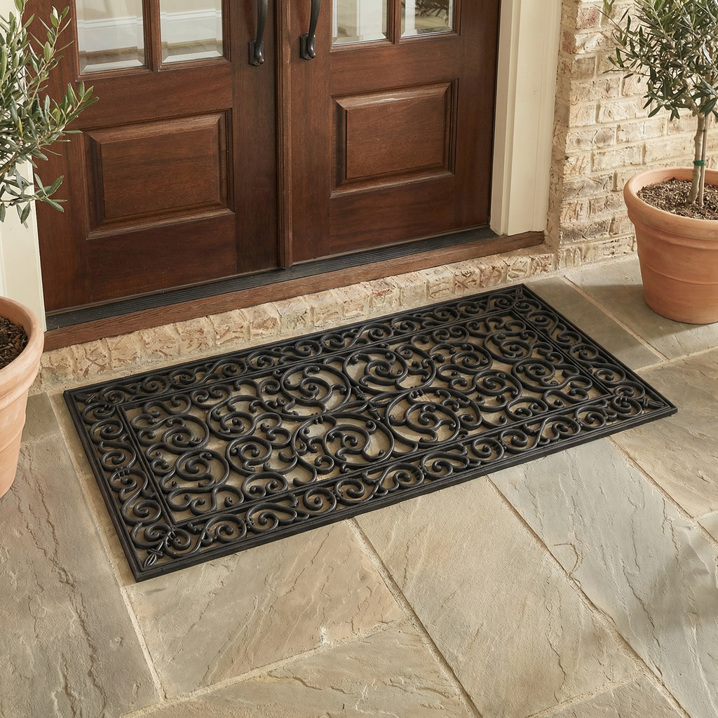 Outdoor Rug Scrollwork Double Door Mat, Durable Rubber