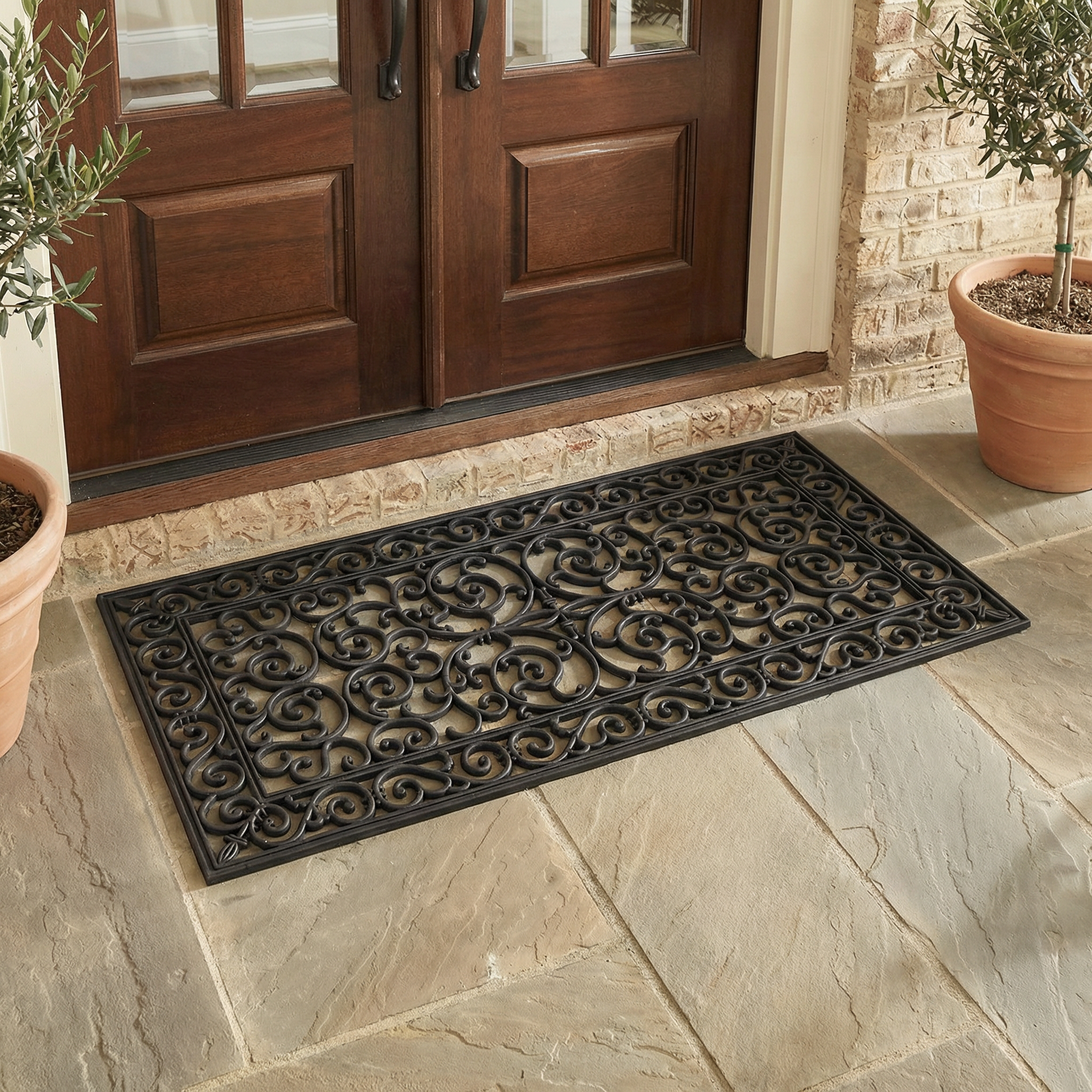 Outdoor Rug Scrollwork Double Door Mat, Durable Rubber