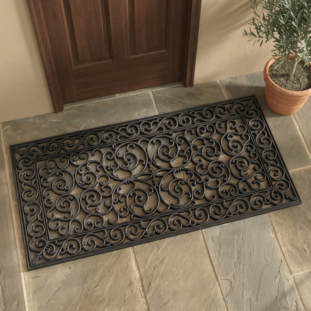 Outdoor Rug Scrollwork Double Door Mat, Durable Rubber