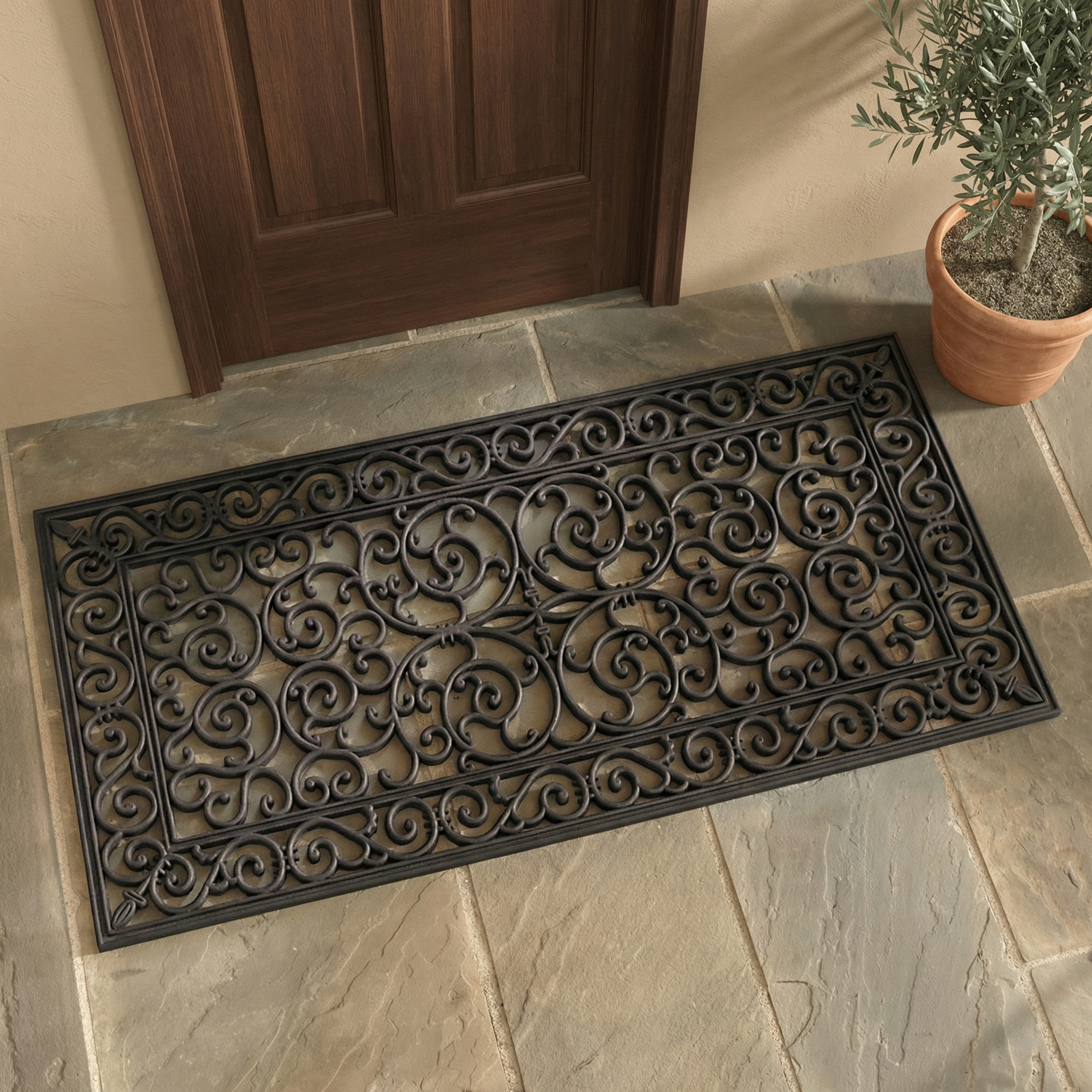 Outdoor Rug Scrollwork Double Door Mat, Durable Rubber
